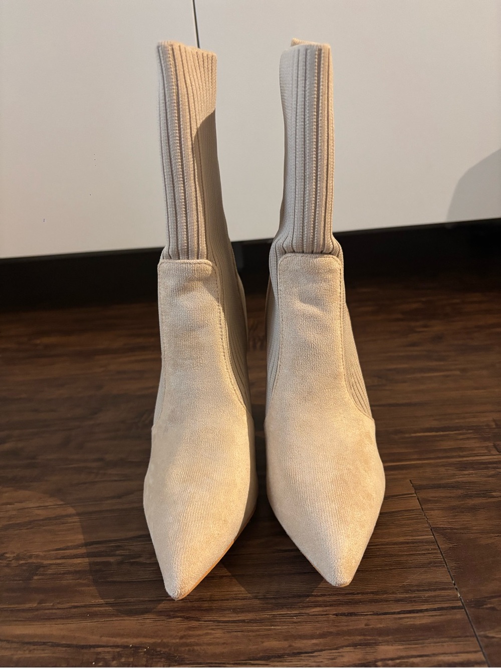 NWT ✨ Beige Knit Sock Suede Block Heel Ankle Boots - Picture 6 of 8